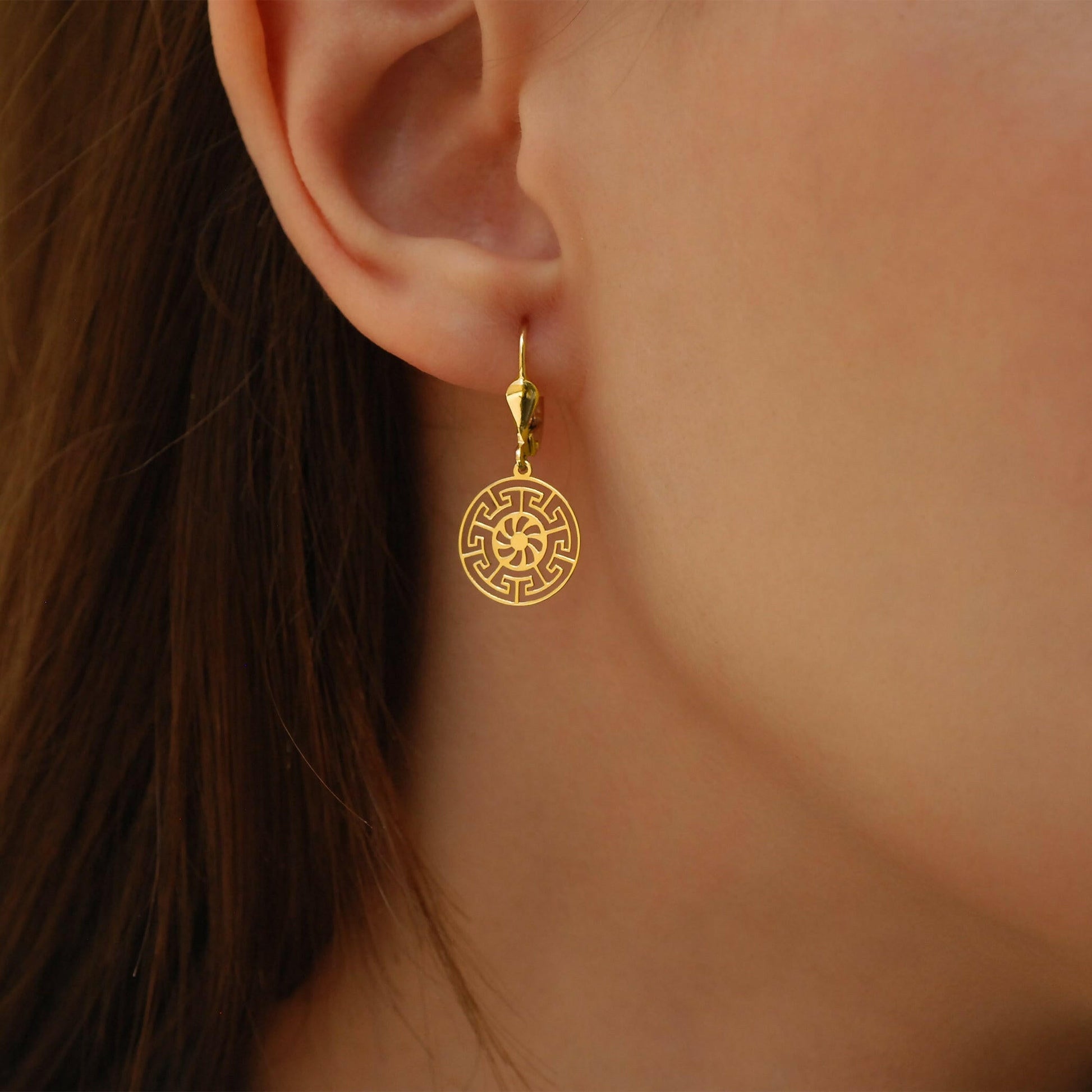 Greek Key Leverback Earrings | 14K Solid Gold - Mionza Jewelry-14K gold earrings, 14K Solid Gold, ancient greek, dangle earrings, earlobe earrings, geometric jewelry, gold dangle earring, gold hoop earrings, greek earrings, Greek Key Earrings, leverback earrings, medallion earrings, minimalist earrings