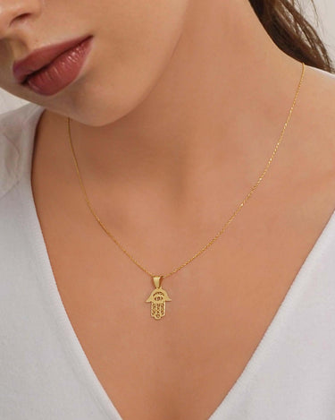 Hamsa Hand Necklace | 14K Solid Gold - Mionza Jewelry-evil eye hamsa, evil eye necklace, fatima hand necklace, gift for women, gold hamsa necklace, gold hamsa pendant, hamsa hand, hamsa hand necklace, hamsa jewelry, hamsa necklace, hamsa necklace gold, hamsa pendant, protection necklace