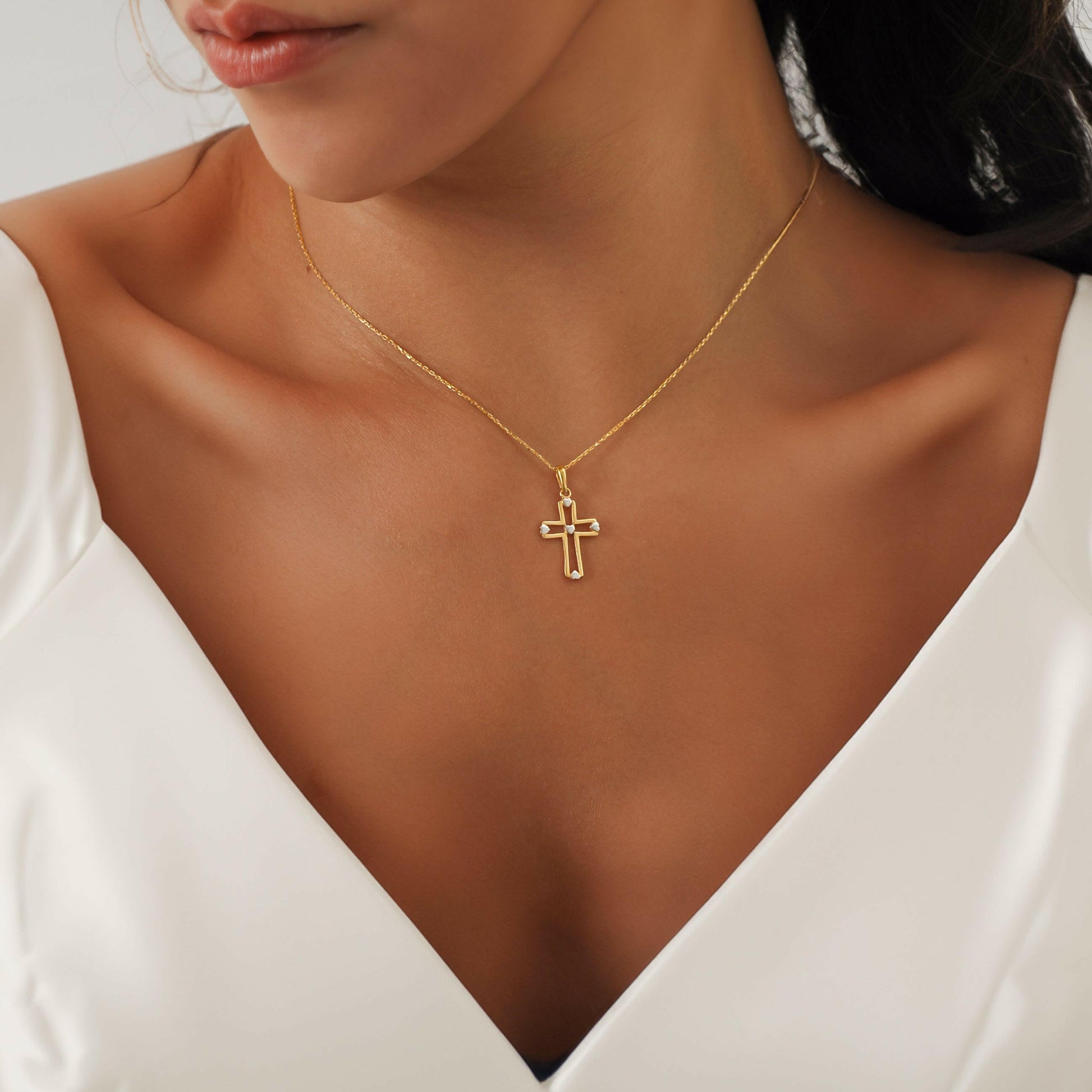 Heart Cross Necklace | 14K Solid Gold - Mionza Jewelry-14k cross necklace, christmas gift, cross necklace gold, cross necklace women, dainty cross pendant, faith necklace, gift for her, gift for mom, gold cross necklace, gold cross pendant, rose gold cross, side cross necklace, solid gold cross, tiny cross necklace