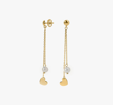 Heart and Pearl Dangle Earrings | 14K Solid Gold Mionza