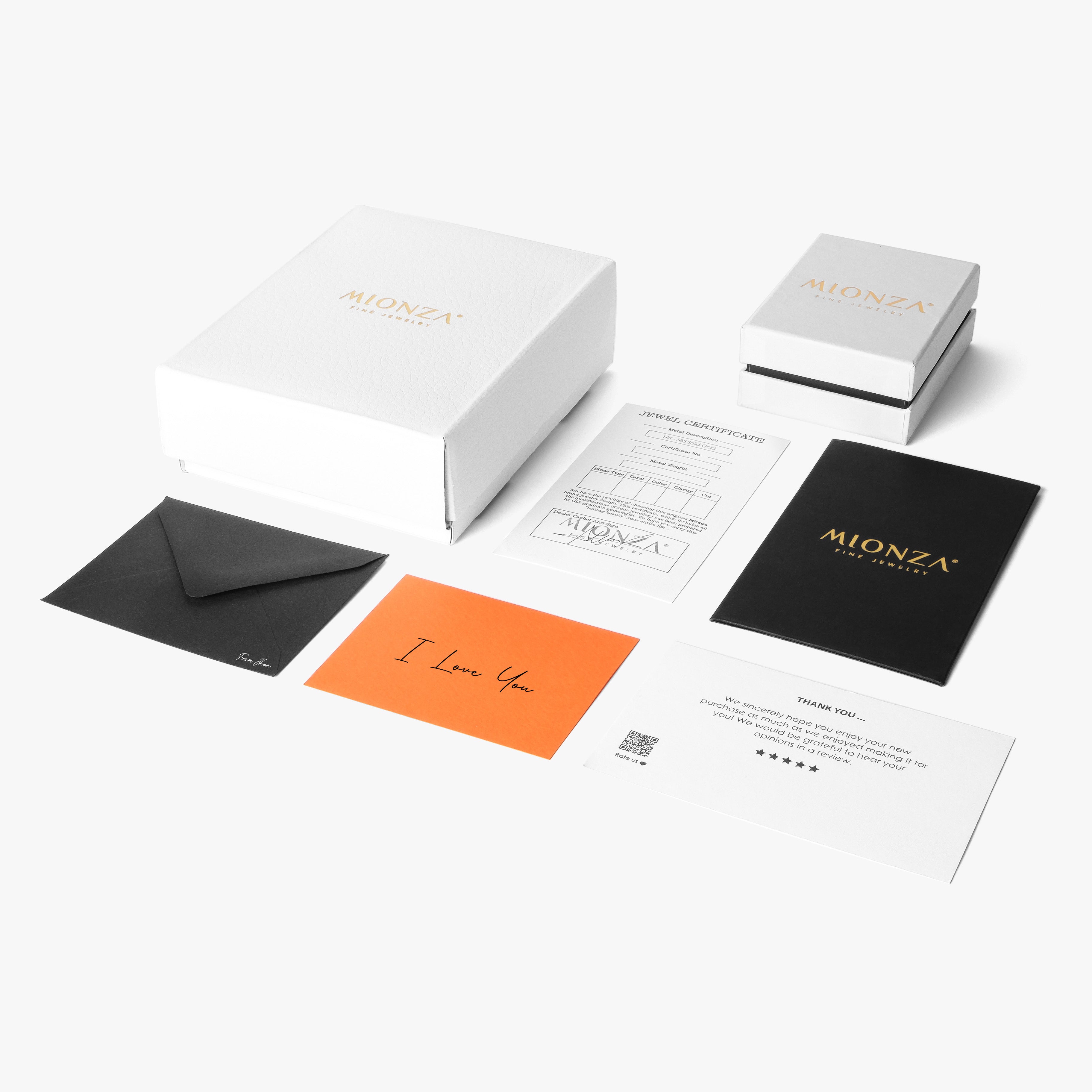 Mionza product packaging with cards and an envelope on a white background