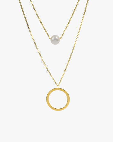 Layered Pearl and Circle Necklace | 14K Solid Gold - Mionza Jewelry-bridesmaid gifts, circle necklace, double chain pendant, gift for her, layered necklace, layered necklace set, layering necklace, multi layer necklace, pearl drop necklace, pearl necklace, single pearl pendant, Tiny Pearl Necklace, two layer necklace