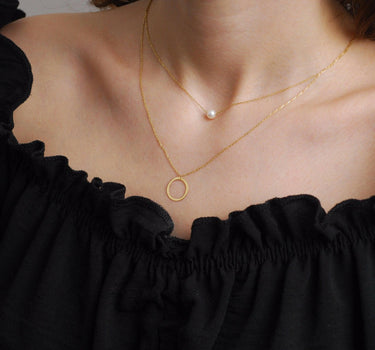 Layered Pearl and Circle Necklace | 14K Solid Gold
