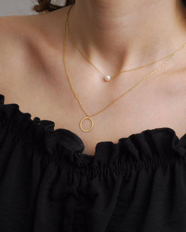 Layered Pearl and Circle Necklace | 14K Solid Gold - Mionza Jewelry-bridesmaid gifts, circle necklace, double chain pendant, gift for her, layered necklace, layered necklace set, layering necklace, multi layer necklace, pearl drop necklace, pearl necklace, single pearl pendant, Tiny Pearl Necklace, two layer necklace