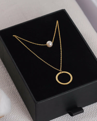 Layered Pearl and Circle Necklace | 14K Solid Gold - Mionza Jewelry-bridesmaid gifts, circle necklace, double chain pendant, gift for her, layered necklace, layered necklace set, layering necklace, multi layer necklace, pearl drop necklace, pearl necklace, single pearl pendant, Tiny Pearl Necklace, two layer necklace