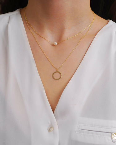 Layered Pearl and Circle Necklace | 14K Solid Gold - Mionza Jewelry-bridesmaid gifts, circle necklace, double chain pendant, gift for her, layered necklace, layered necklace set, layering necklace, multi layer necklace, pearl drop necklace, pearl necklace, single pearl pendant, Tiny Pearl Necklace, two layer necklace