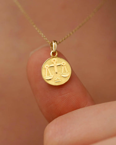 Libra Zodiac Necklace | 14K Solid Gold - Mionza Jewelry-16th birthday gift, astrology necklace, birthday gift, coin necklace, custom jewelry, gift for bestfriend, gold disc necklace, libra gifts, libra necklace, libra zodiac, taurus necklace, zodiac jewelry, zodiac necklace