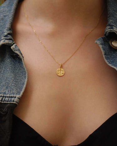 Libra Zodiac Necklace | 14K Solid Gold - Mionza Jewelry-16th birthday gift, astrology necklace, birthday gift, coin necklace, custom jewelry, gift for bestfriend, gold disc necklace, libra gifts, libra necklace, libra zodiac, taurus necklace, zodiac jewelry, zodiac necklace