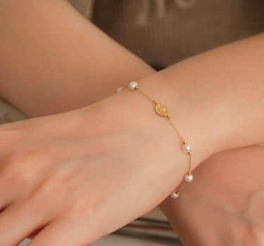 Miraculous Medal Bracelet with Real Pearl | 14K Solid Gold