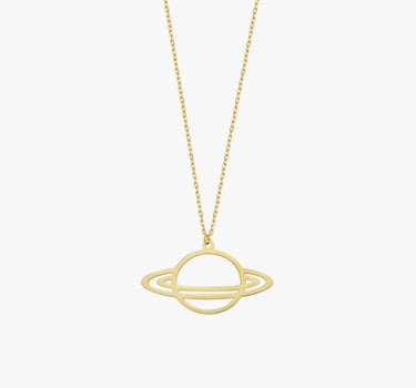 Saturn Necklace | 14K Solid Gold - Mionza Jewelry-14K Gold Necklace, delicate necklace, everyday necklace, gold planet necklace, gold saturn necklace, Minimalist celestial, minimalist necklace, Planet And Star, planet necklace, saturn necklace, Saturn Pendant, Science Jewelry, solid gold necklace, space necklace