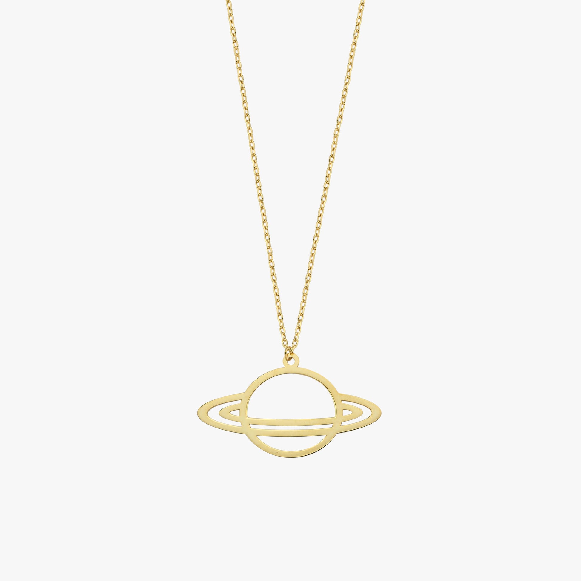 Saturn Necklace | 14K Solid Gold - Mionza Jewelry-14K Gold Necklace, delicate necklace, everyday necklace, gold planet necklace, gold saturn necklace, Minimalist celestial, minimalist necklace, Planet And Star, planet necklace, saturn necklace, Saturn Pendant, Science Jewelry, solid gold necklace, space necklace