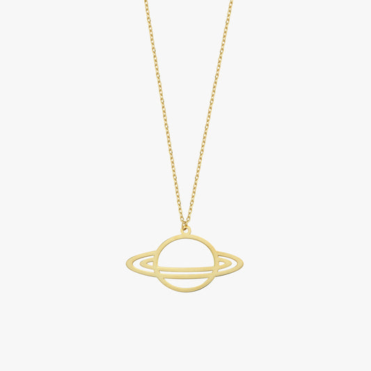 Saturn Necklace | 14K Solid Gold - Mionza Jewelry-14K Gold Necklace, delicate necklace, everyday necklace, gold planet necklace, gold saturn necklace, Minimalist celestial, minimalist necklace, Planet And Star, planet necklace, saturn necklace, Saturn Pendant, Science Jewelry, solid gold necklace, space necklace