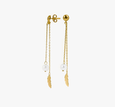 Pearl Dangle Earrings with Feather | 14K Solid Gold Mionza