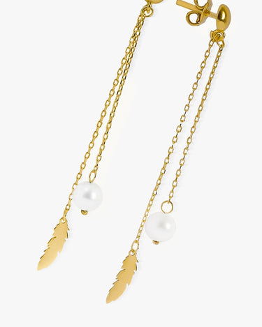Pearl Dangle Earrings with Feather | 14K Solid Gold - Mionza Jewelry-14k solid gold, dainty earrings, Feather Earrings, fringe earrings, Long Chain Earrings, minimal earrings, Minimalist Threader, pearl chain earrings, pearl earrings, stud earrings, therader Earrings, Threader Earrings