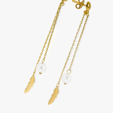 Pearl Dangle Earrings with Feather | 14K Solid Gold - Mionza Jewelry-14k solid gold, dainty earrings, Feather Earrings, fringe earrings, Long Chain Earrings, minimal earrings, Minimalist Threader, pearl chain earrings, pearl earrings, stud earrings, therader Earrings, Threader Earrings