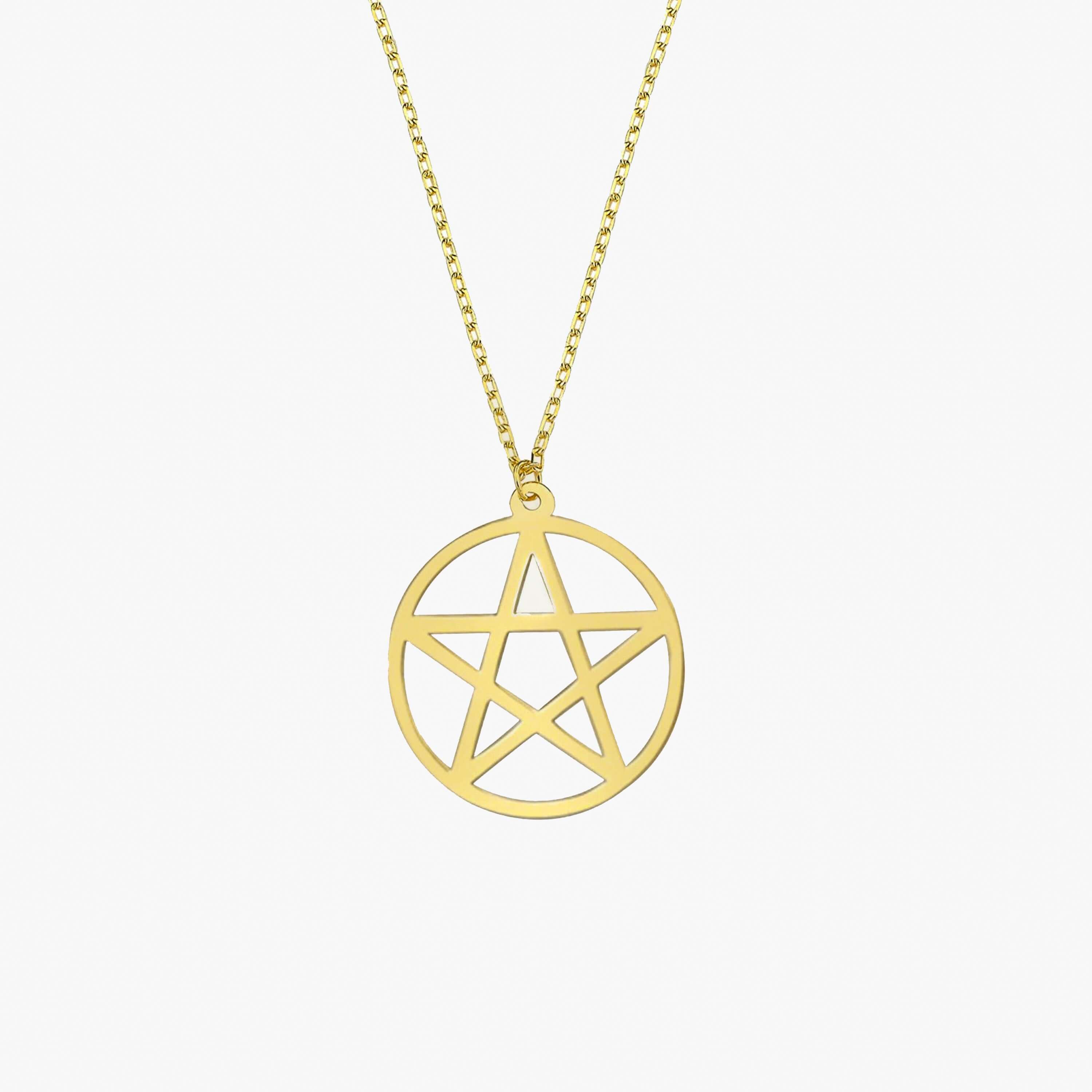 Pentagram Necklace | 14K Solid Gold - Mionza Jewelry-celestial jewelry, geometric necklace, goth necklace, gothic necklace, halloween gifts, halloween jewelry, halloween necklace, pentacle necklace, pentagram necklace, silver disc necklace, star necklace, wiccan jewelry, witch necklace