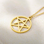 Pentagram Necklace | 14K Solid Gold - Mionza Jewelry-celestial jewelry, geometric necklace, goth necklace, gothic necklace, halloween gifts, halloween jewelry, halloween necklace, pentacle necklace, pentagram necklace, silver disc necklace, star necklace, wiccan jewelry, witch necklace