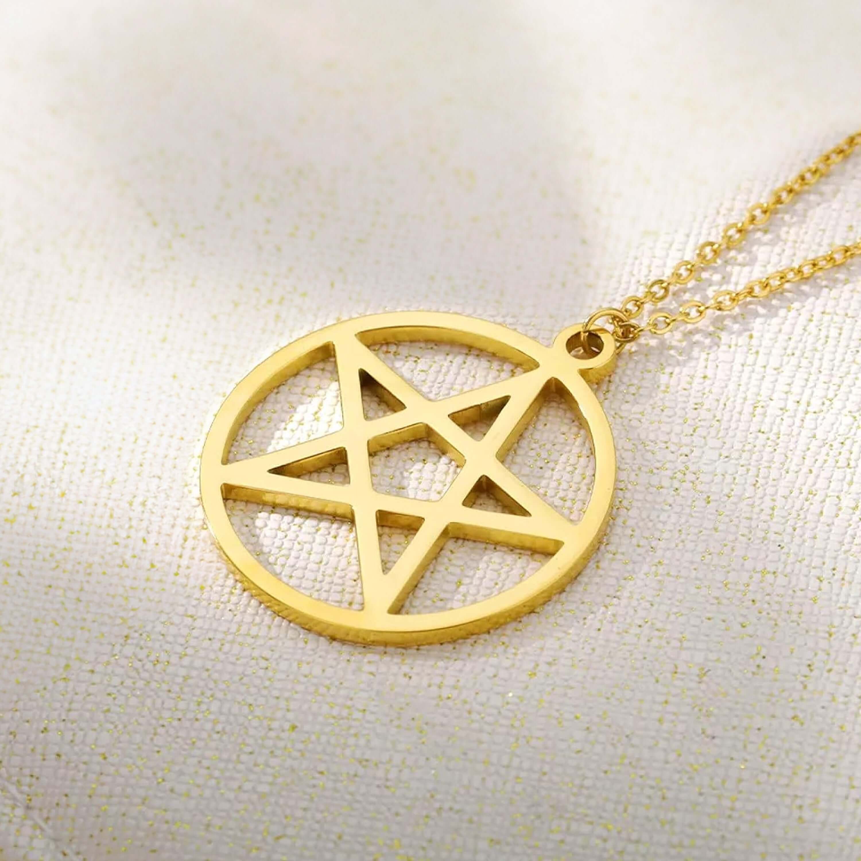 Pentagram Necklace | 14K Solid Gold - Mionza Jewelry-celestial jewelry, geometric necklace, goth necklace, gothic necklace, halloween gifts, halloween jewelry, halloween necklace, pentacle necklace, pentagram necklace, silver disc necklace, star necklace, wiccan jewelry, witch necklace