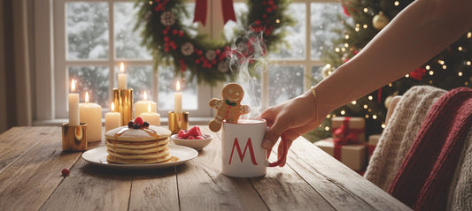 Person holding a mug with a Christmas-themed setting including a gingerbread man and pancakes.