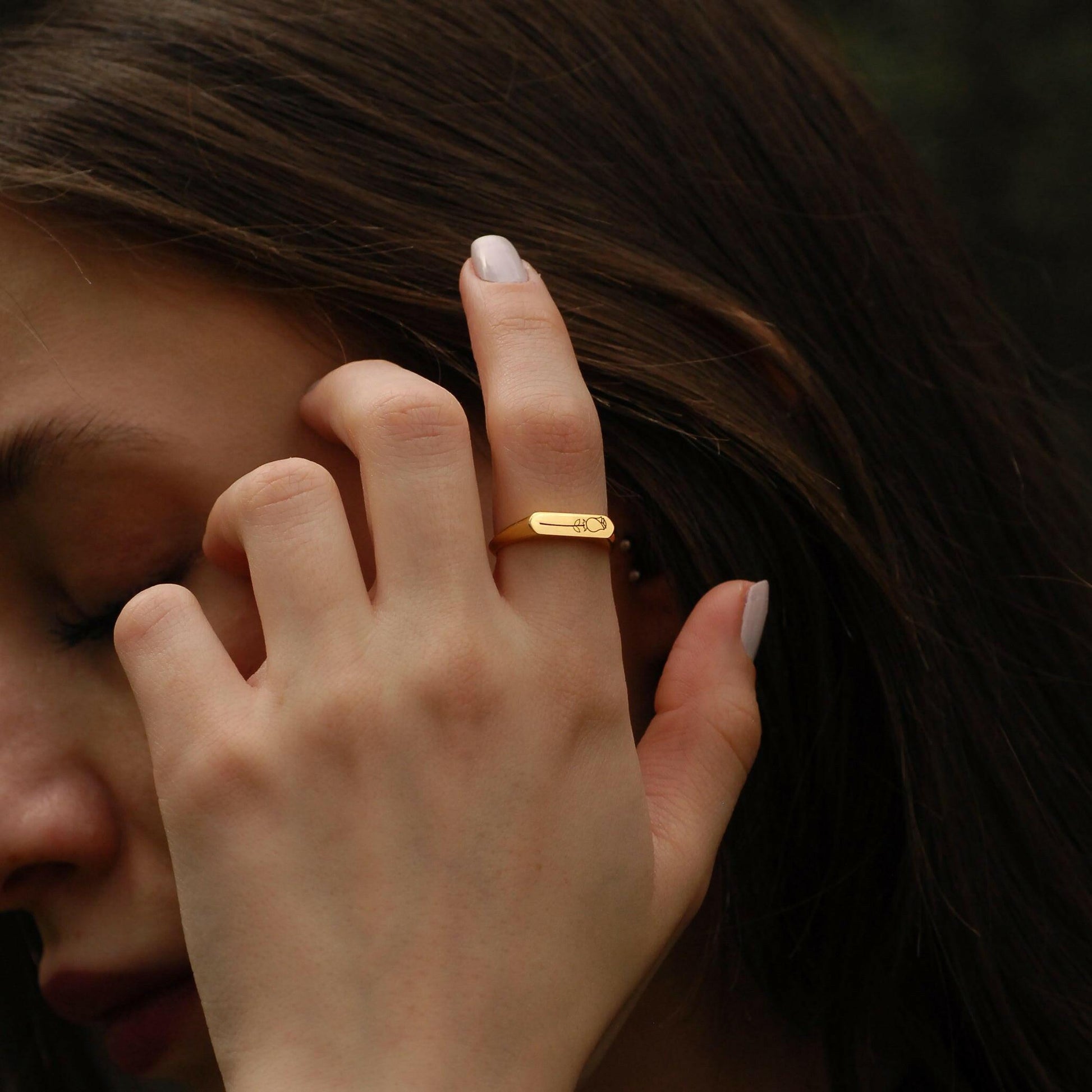 Personalized Birth Flower Ring | 14K Solid Gold - Mionza Jewelry-birth flower jewelry, Birth Flower Ring, birth month flower, custom flower ring, engraved ring, floral ring, floral signet ring, flower ring, gold personalized ring, gold signet ring, minimalist ring, personalized ring