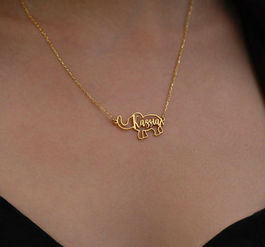 Personalized Elephant  Necklace | 14K Solid Gold - Mionza Jewelry-1st birthday gift, animal lover gift, animal necklace, custom name necklace, custom name pendant, custom necklace, elephant necklace, elephant pendant, gift for girl, name necklace, personalized gifts, safari mode necklace, summer jewelry