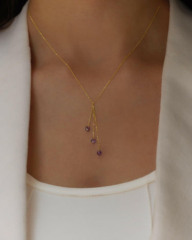 Purple Stone Y Necklace | 14K Solid Gold - Mionza Jewelry-14K Solid Gold, Amethyst Necklace, dangle chain pendant, Dangle Pendant, drop chain necklace, Gold Y Necklace, Lariat Necklace, lariat necklace gold, layered necklace, Long Y Necklace, Purple Gemstone, Purple Stone Pendant, Y Necklace
