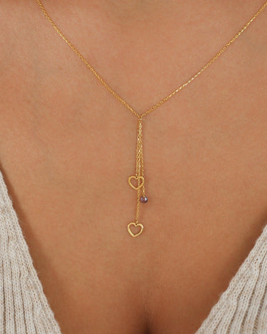 Lariat Heart Necklace | 14K Solid Gold - Mionza Jewelry-14k gold necklace, amethyst necklace, Bridal Y Necklace, gift for her, gift for women, gifts for women, gold necklace, Gold Y Necklace, Purple Stone Pendant, Y necklace