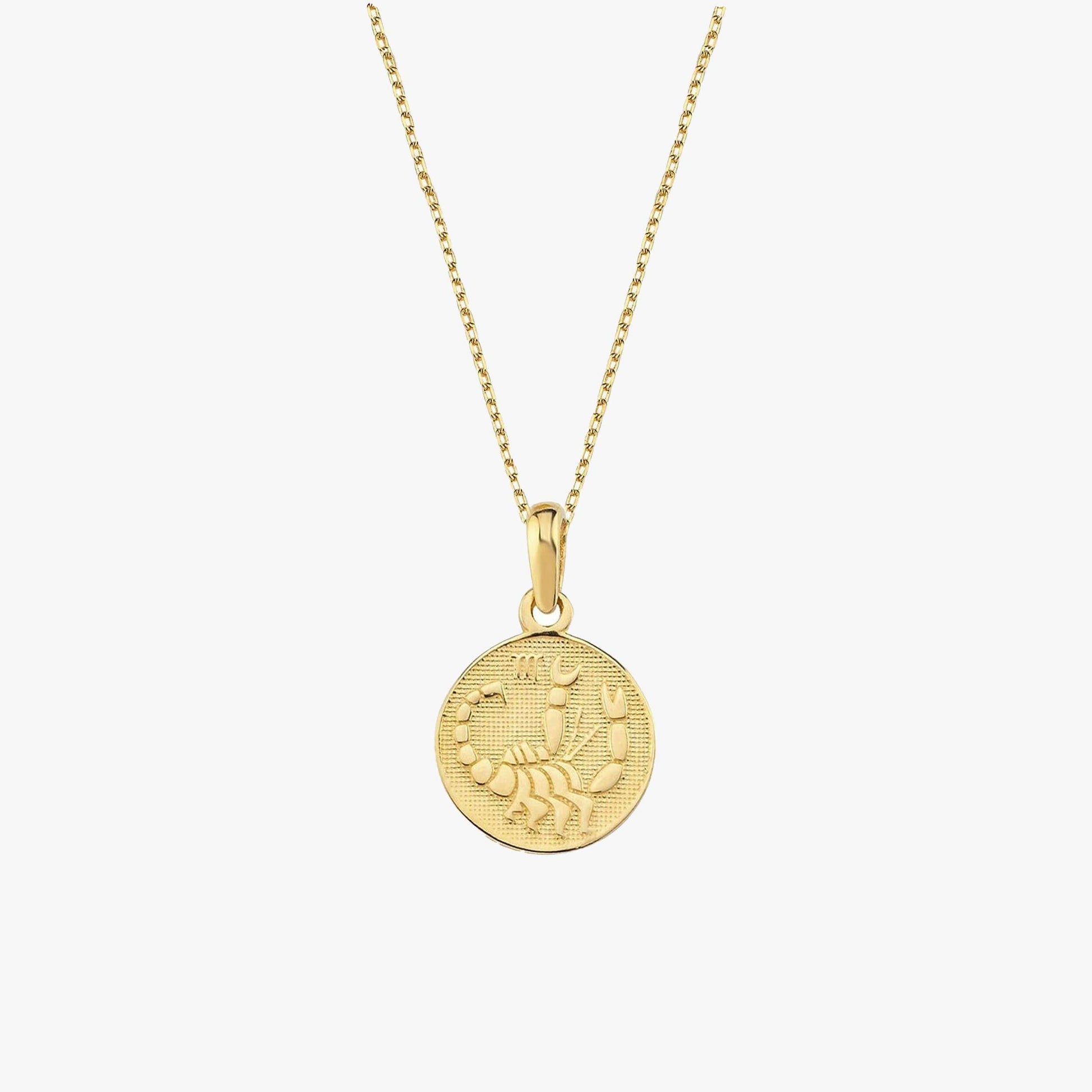 Scorpio Zodiac Necklace | 14K Solid Gold - Mionza Jewelry-aquarius necklace, astrology necklace, bestfriend gift, celestial necklace, custom necklace gift, gift for her, gold coin necklace, gold disc necklace, gold zodiac necklace, libra necklace, scorpio necklace, tarot necklace, zodiac charm