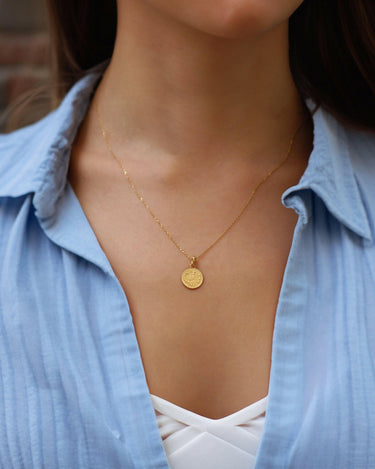Scorpio Zodiac Necklace | 14K Solid Gold - Mionza Jewelry-aquarius necklace, astrology necklace, bestfriend gift, celestial necklace, custom necklace gift, gift for her, gold coin necklace, gold disc necklace, gold zodiac necklace, libra necklace, scorpio necklace, tarot necklace, zodiac charm
