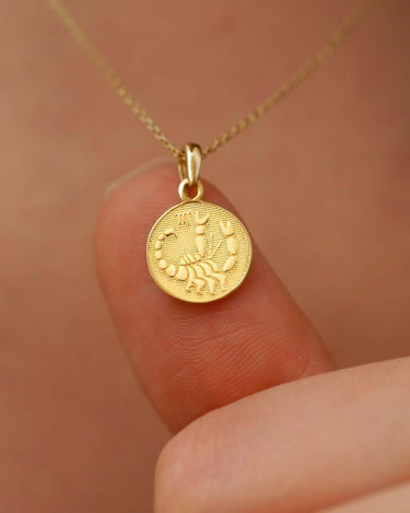 Scorpio Zodiac Necklace | 14K Solid Gold - Mionza Jewelry-aquarius necklace, astrology necklace, bestfriend gift, celestial necklace, custom necklace gift, gift for her, gold coin necklace, gold disc necklace, gold zodiac necklace, libra necklace, scorpio necklace, tarot necklace, zodiac charm