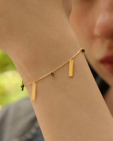 Onyx Station Bracelet | 14K Solid Gold - Mionza Jewelry-14K Solid Gold, bar bracelet, dainty bracelet, everyday bracelet, gift for her, gift for women, gold bar bracelet, Gold Bracelet, Layered Bracelet, layering bracelet, Multi Charm, onyx bracelet, stackable bracelet, Station Bracelet