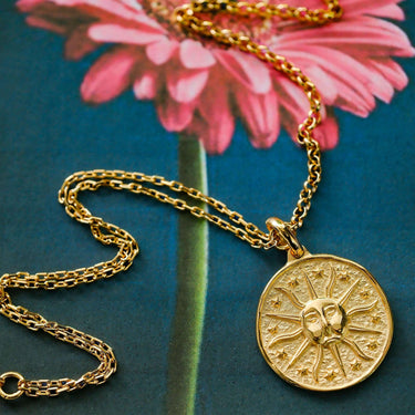 Sun Pendant Necklace | 18K Gold Vermeil - Mionza Jewelry-18k solid gold, birthday gift, celestial necklace, coin necklace, gift for her, gold sun necklace, medallion necklace, non tarnish necklace, sun charm, sun face necklace, sun jewelry, sunburst necklace, sunshine necklace