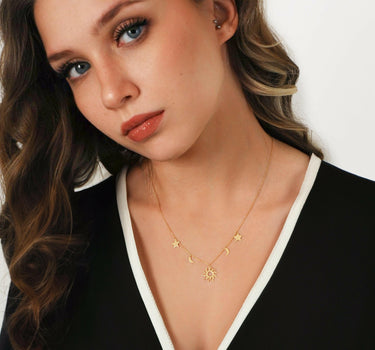 Sun, Moon and Star Station Necklace | 14K Solid Gold Mionza
