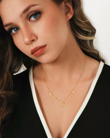 Sun Moon and Stars Necklace | 14K Solid Gold - Mionza Jewelry-21st birthday gift, celestial necklace, choker necklace, gift for women, gold celestial necklace, gold layered necklace, gold star necklace, gold sun necklace, layered necklace, layering necklace, moon necklace, small star necklace, star choker necklace, star pendant