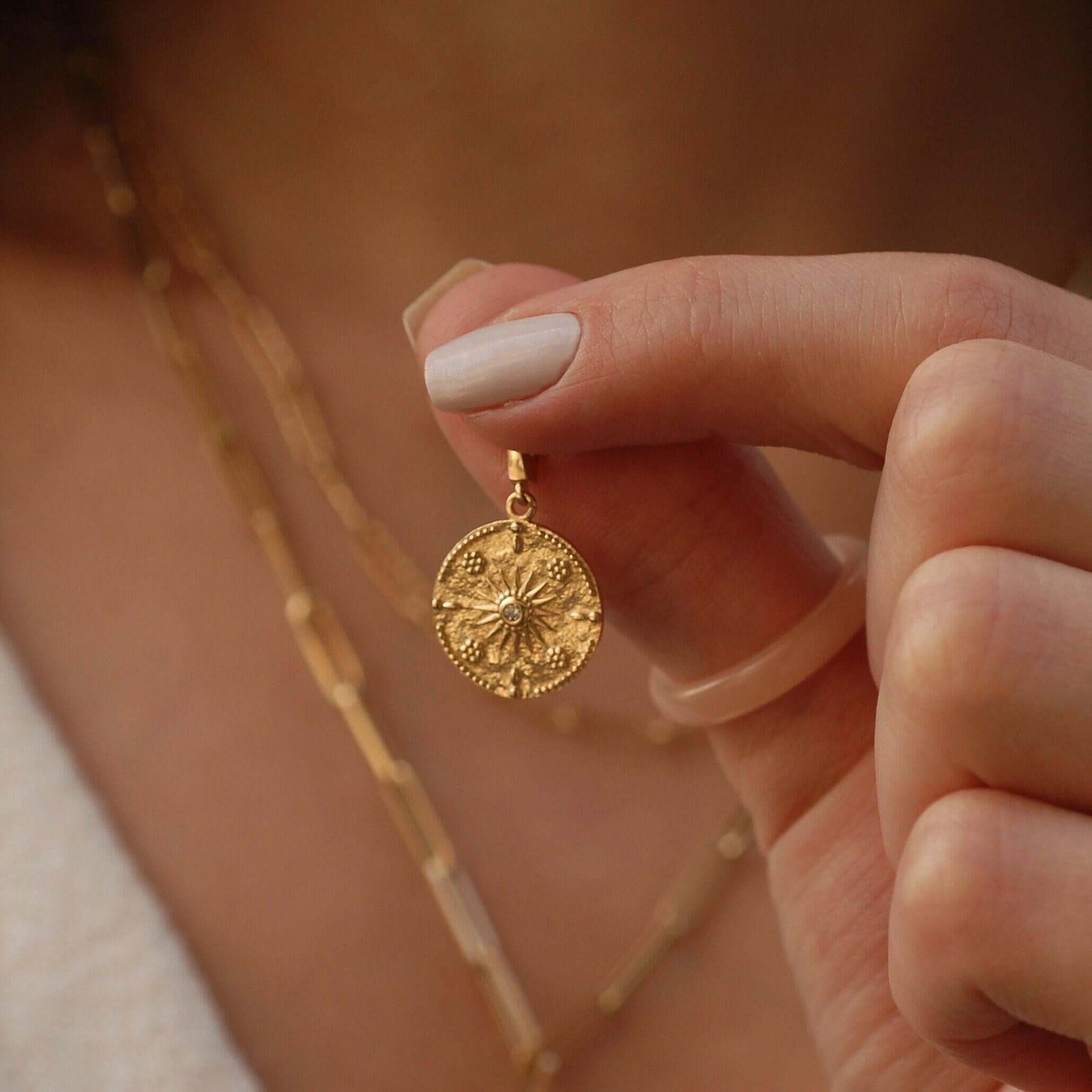 Gold Sunburst Necklace | 14K Solid Gold - Mionza Jewelry-christmas gift, coin jewelry, gold coin necklace, gold sun charm, gold sun necklace, push clasp, small coin necklace, sun bracelet, sun earrings, sun pendant, sunburst necklace, sunshine necklace