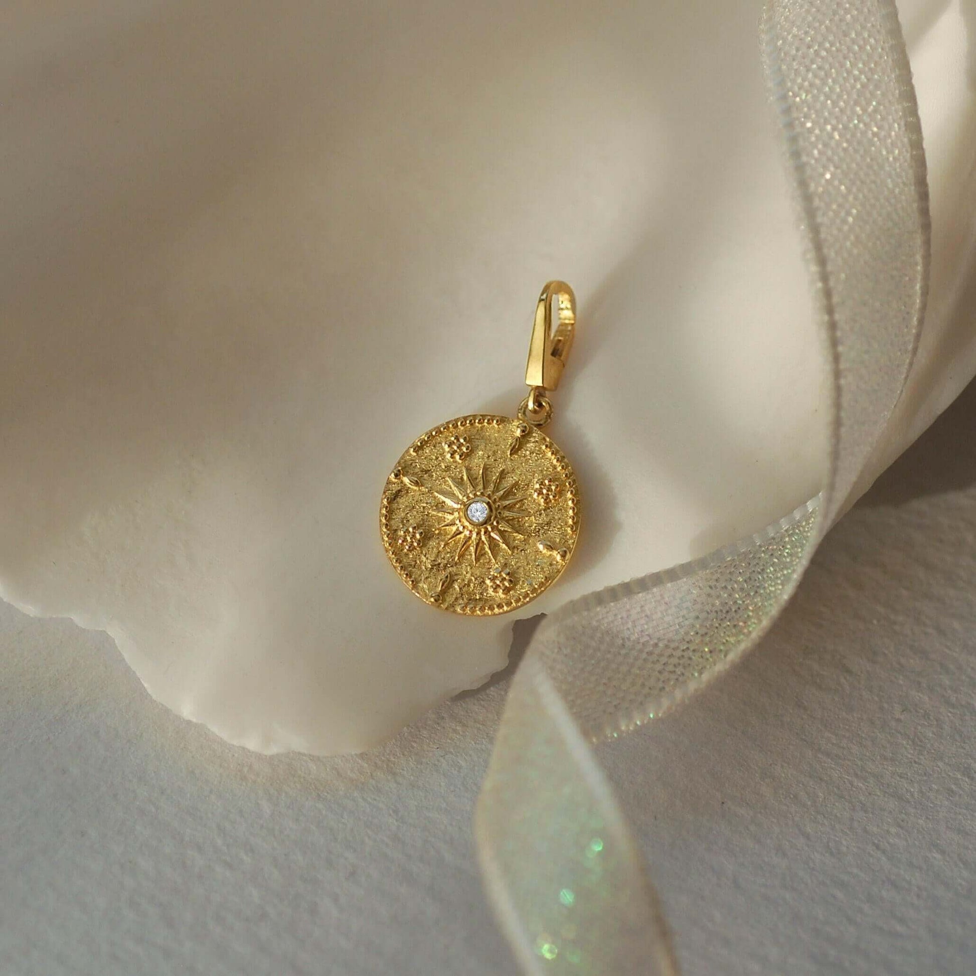 Gold Sunburst Necklace | 14K Solid Gold - Mionza Jewelry-christmas gift, coin jewelry, gold coin necklace, gold sun charm, gold sun necklace, push clasp, small coin necklace, sun bracelet, sun earrings, sun pendant, sunburst necklace, sunshine necklace