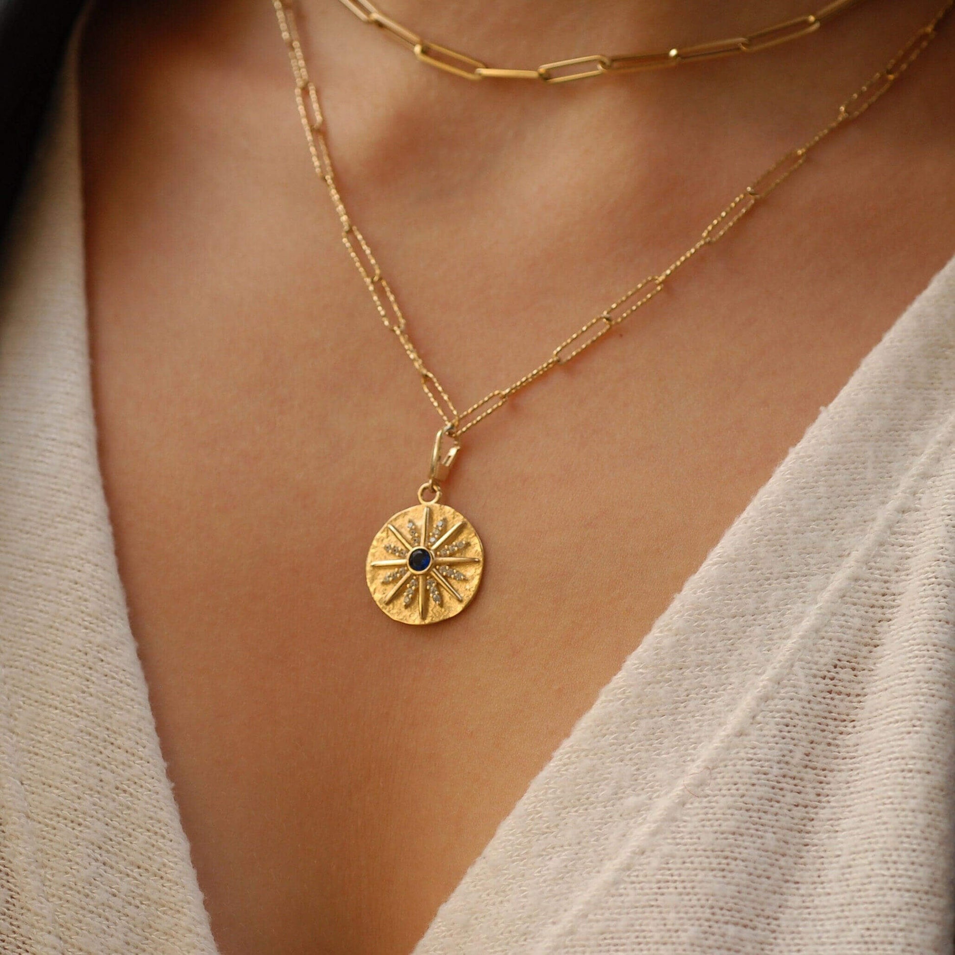 Sunshine Charm | 14K Solid Gold - Mionza Jewelry-christmas gift, coin jewelry, gold coin necklace, gold sun charm, push clasp, small coin necklace, sun anklet, sun bracelet, sun charm, sun earrings, sun necklace, sunburst necklace, sunshine necklace