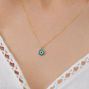 Turquoise Evil Eye Necklace | 14K Solid Gold - Mionza Jewelry-blue evil eye, bridesmaids gifts, dark blue evil eye, evil eye, evil eye chain, evil eye jewelry, evil eye necklace, evil eye protection, eye evil necklace, handmade jewelry, mal de ojo, mal de ojo cadena, summer jewelry