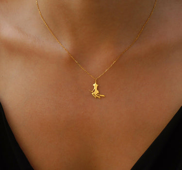 Witch Necklace  | 14K Solid Gold - Mionza Jewelry-ghost necklace, goth necklace, gothic necklace, halloween jewelry, halloween necklace, halloween witch, trick or treat, witch and broom, witch jewelry, witch necklace, witch pendant, witchy necklace