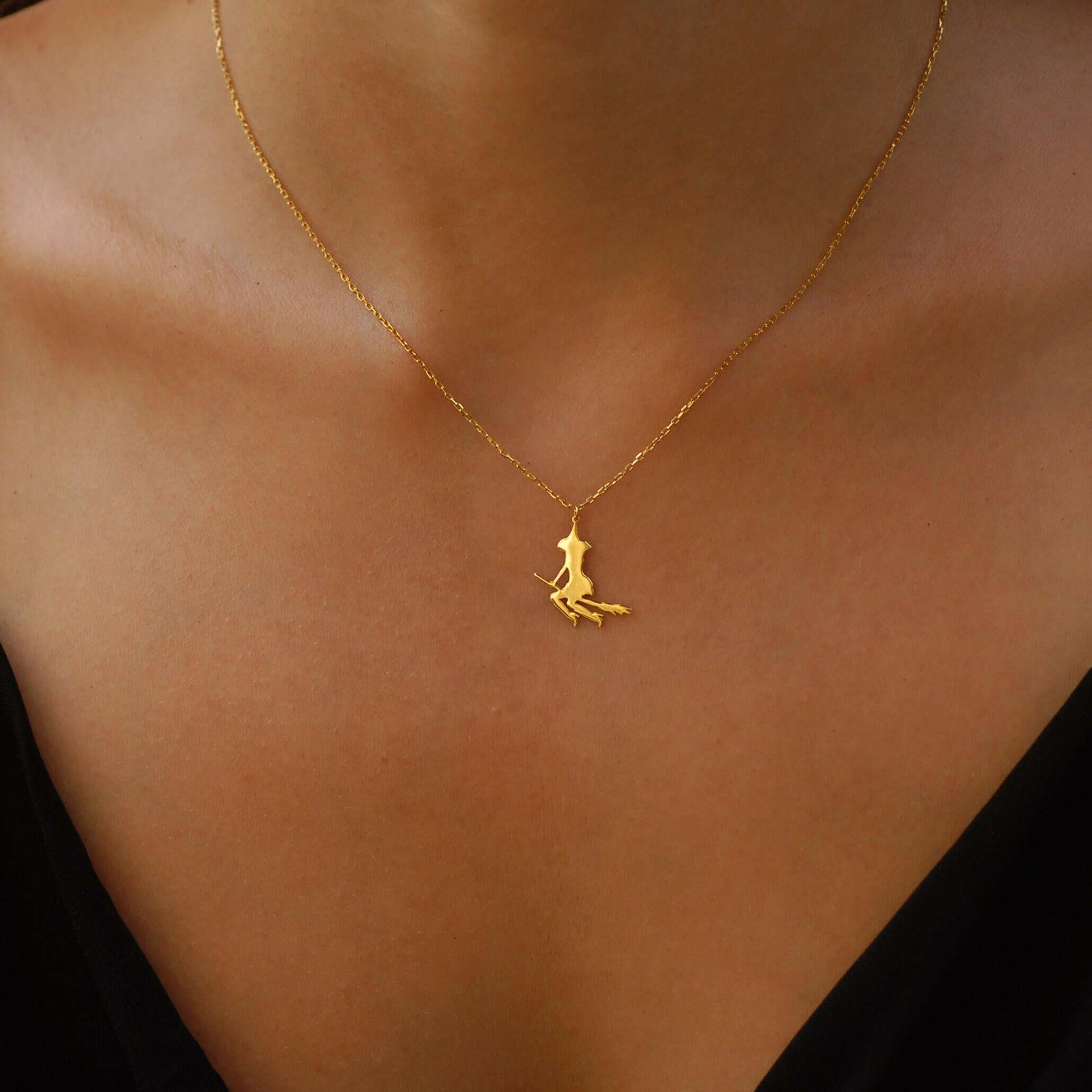 Witch Necklace  | 14K Solid Gold - Mionza Jewelry-ghost necklace, goth necklace, gothic necklace, halloween jewelry, halloween necklace, halloween witch, trick or treat, witch and broom, witch jewelry, witch necklace, witch pendant, witchy necklace