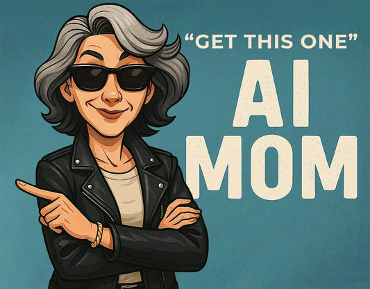 Stylish AI mom wearing sunglasses and leather jacket pointing confidently with text 'Get This One – AI Mom' on a teal background – Mother's Day tech gift guide banner