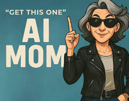 AI mom in leather jacket and sunglasses raising finger with 'Get This One – AI Mom' text – mobile version of Mother’s Day tech gift guide hero image