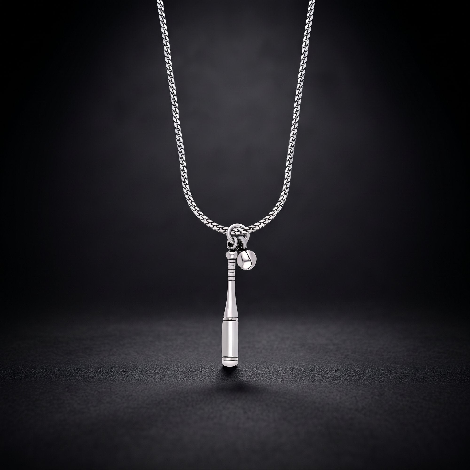 Men's baseball bat pendant necklace in 925 sterling silver on a box chain