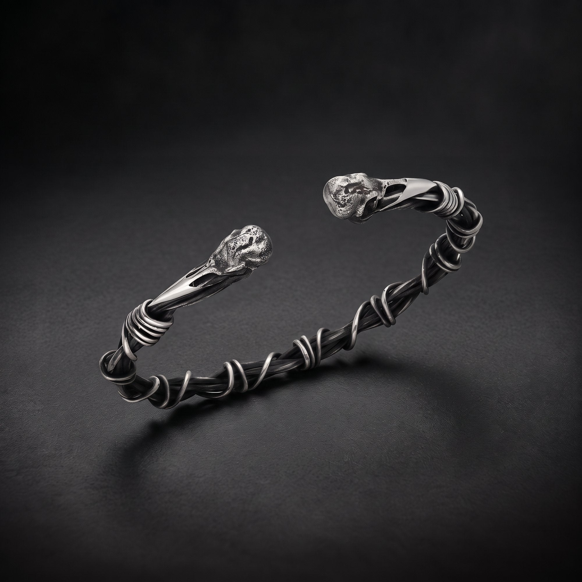 Men's bird skull cuff bracelet in 925 sterling silver with a twisted wire band