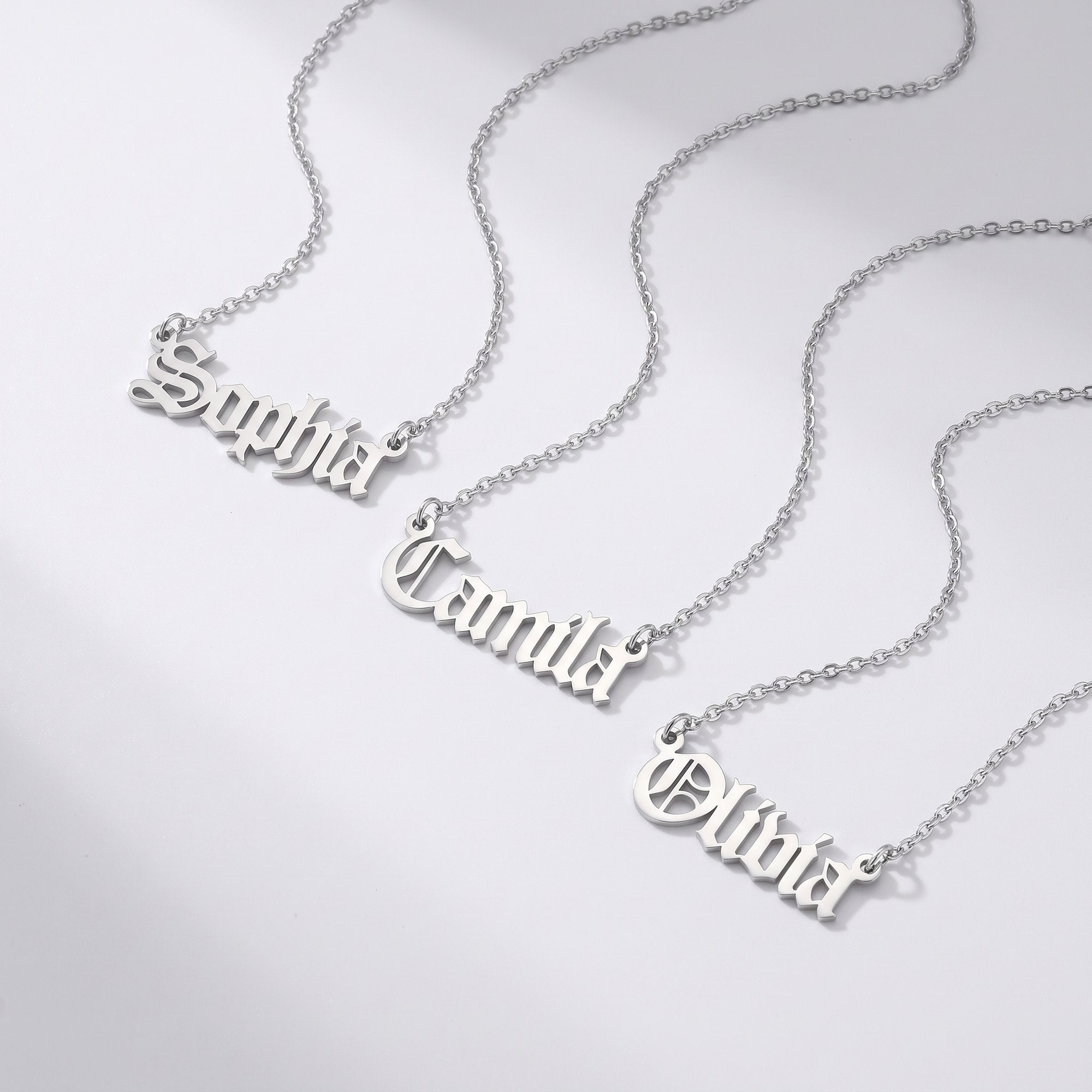 Sterling silver old English name necklaces spelling Sophia, Camila and Olivia