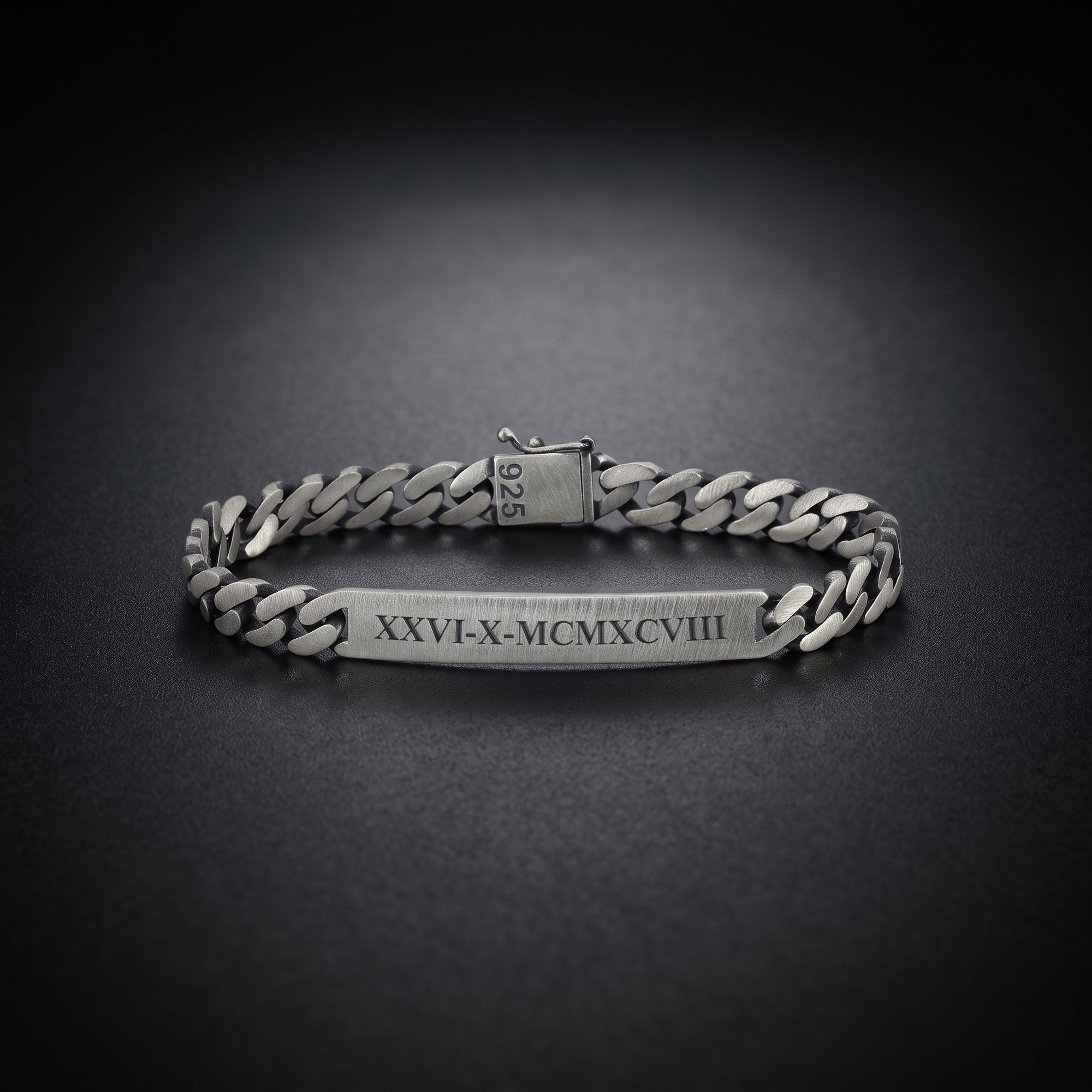 Men's curb chain ID bracelet in 925 sterling silver engraved with Roman numerals