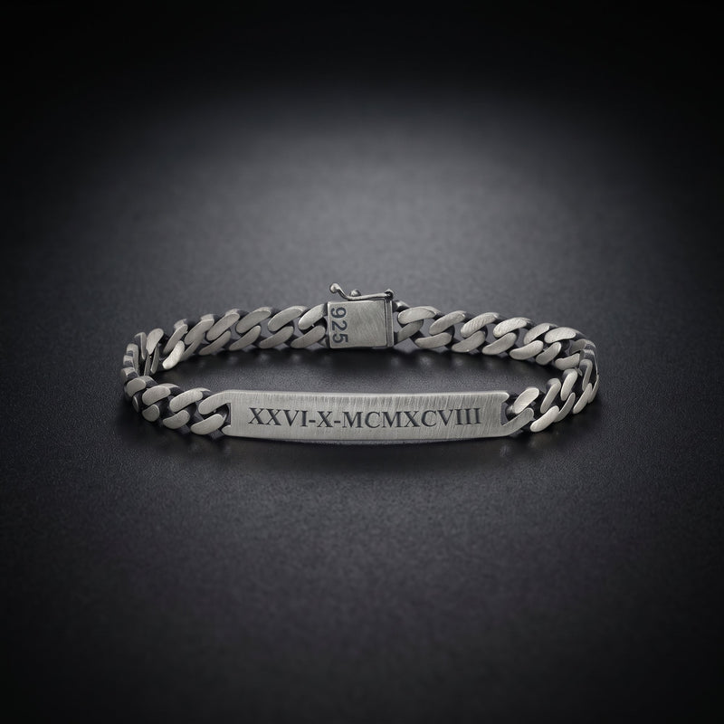 Men's curb chain ID bracelet in 925 sterling silver engraved with Roman numerals