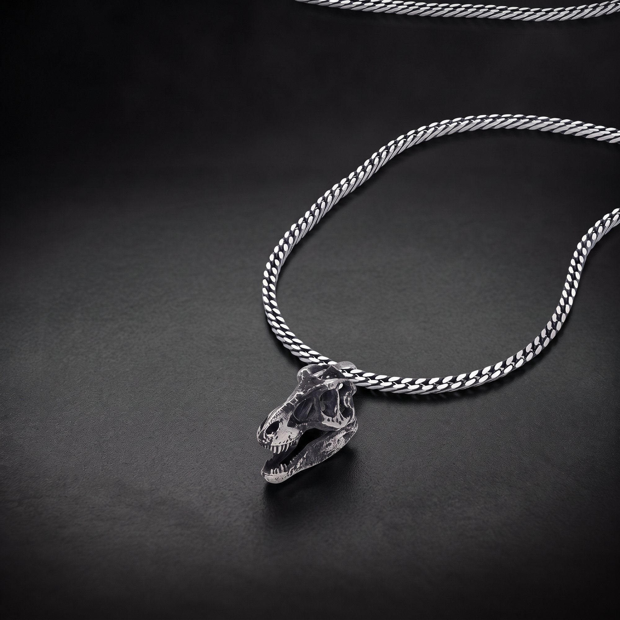Men's T-rex dinosaur skull pendant necklace in oxidized 925 sterling silver