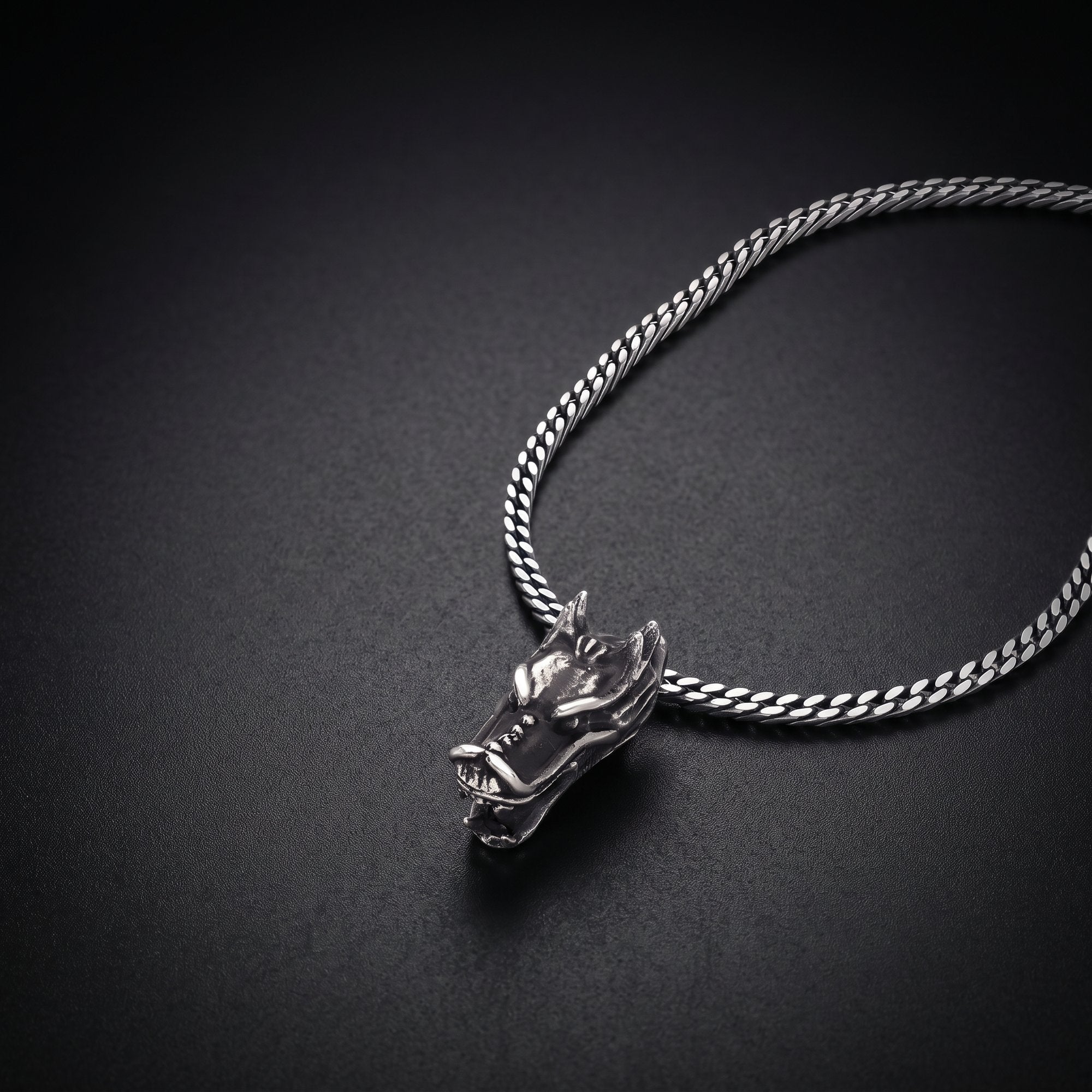 Men's dragon skull pendant necklace in oxidized 925 sterling silver on a curb chain