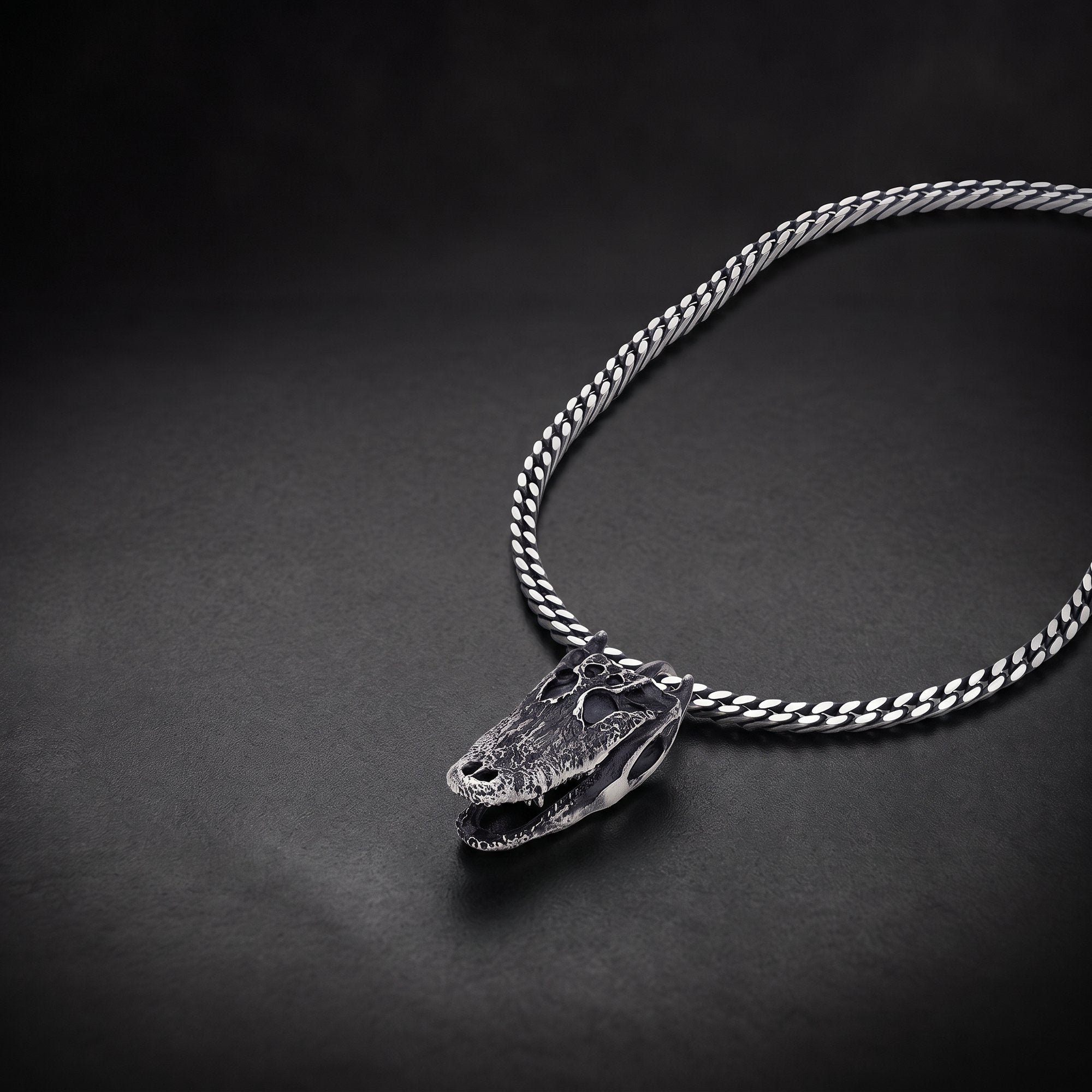 Gothic crocodile skull necklace for men in oxidized 925 sterling silver